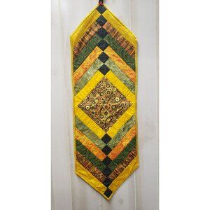 Handcrafted Quilted Table Runner, Fall Colors, Yellow, Green, Black, 47" x 15"
